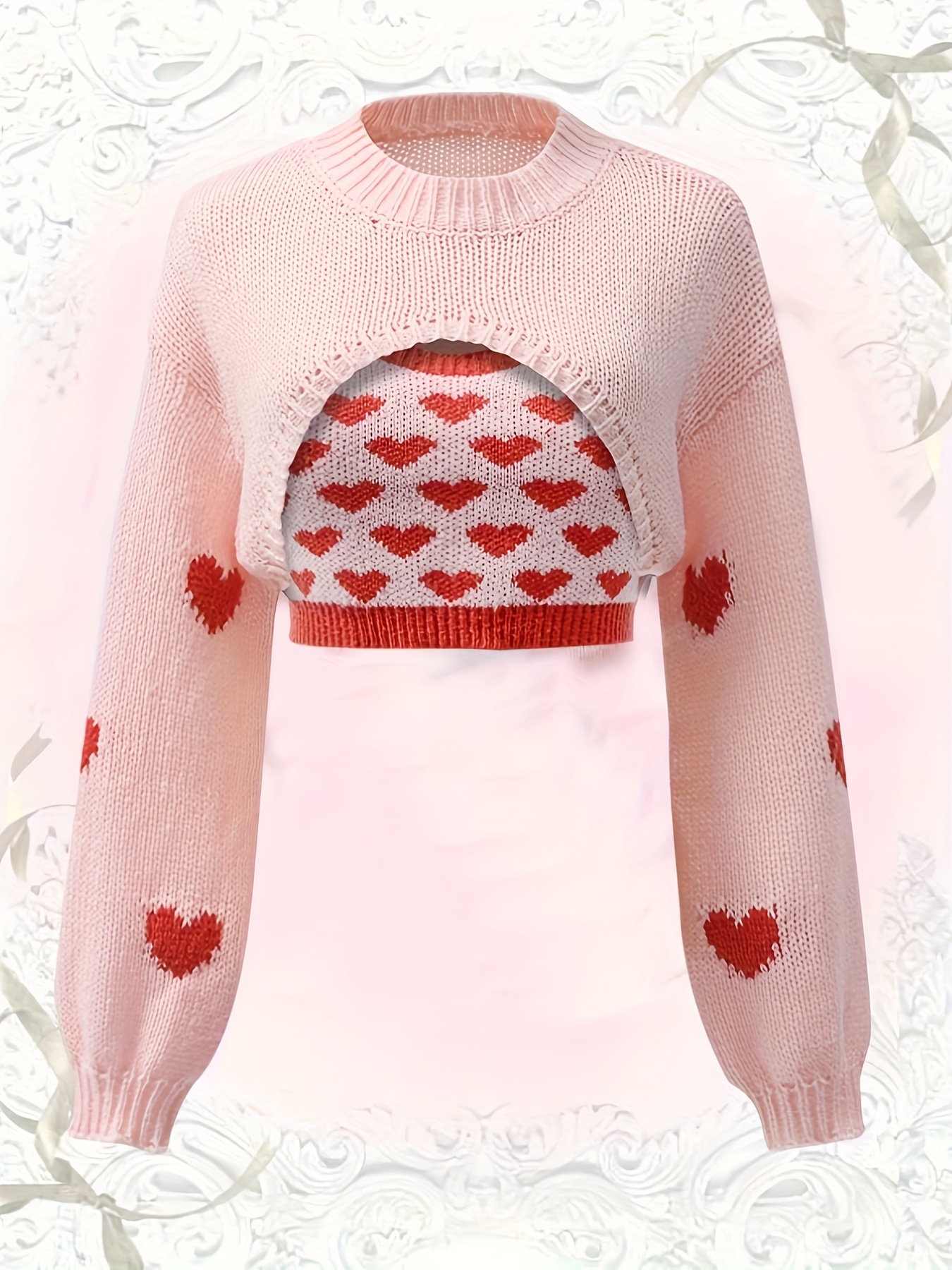 Pink Heart Crochet Long Sleeve Crop Top