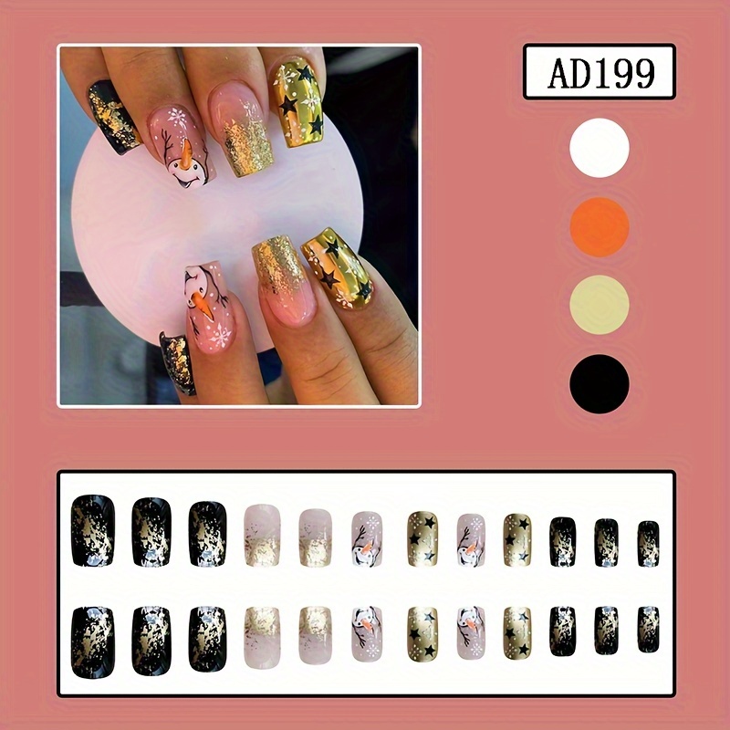 Square Press on Nails Medium White Fake Nails Gold Foil Glue on Nails with  Marble Glossy Acrylic full cover for Women and Girls 24Pcs