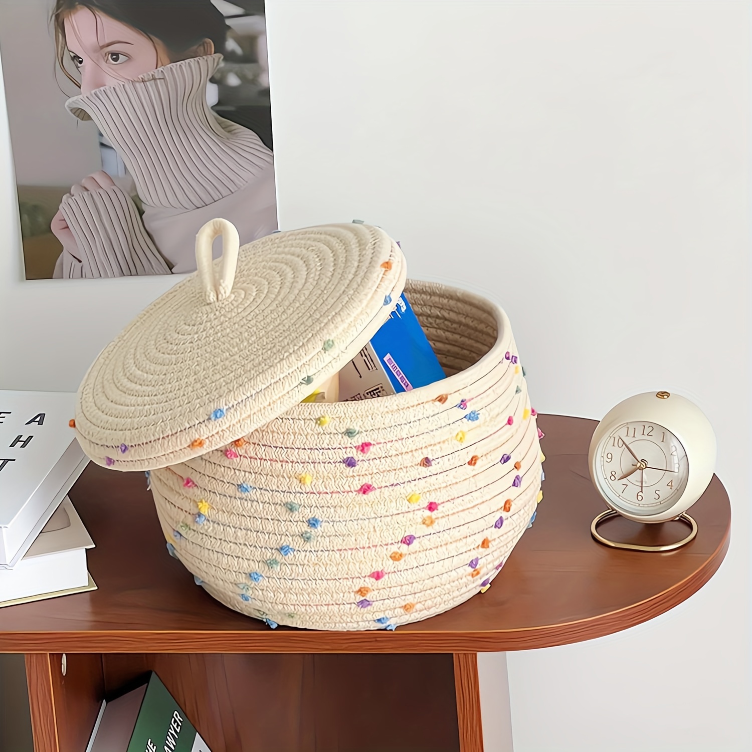 Covered Small Rope Basket Small Round Woven Storage Basket - Temu Canada