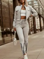 casual two piece set long sleeve zip up lapel jacket drawstring pants outfits womens clothing details 1