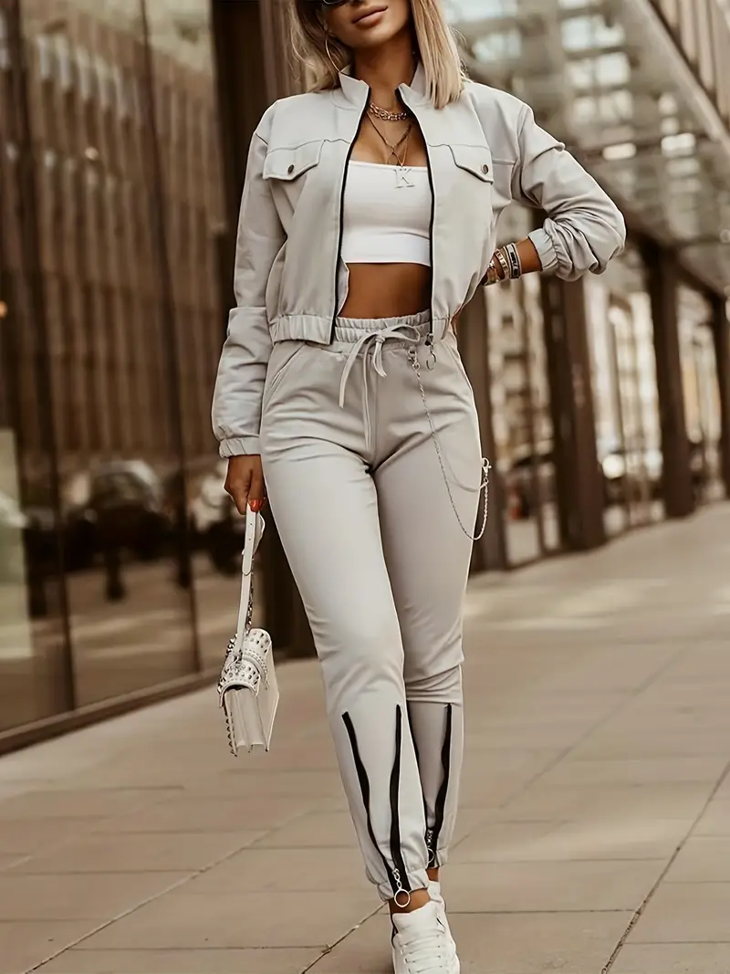 casual two piece set long sleeve zip up lapel jacket drawstring pants outfits womens clothing details 1