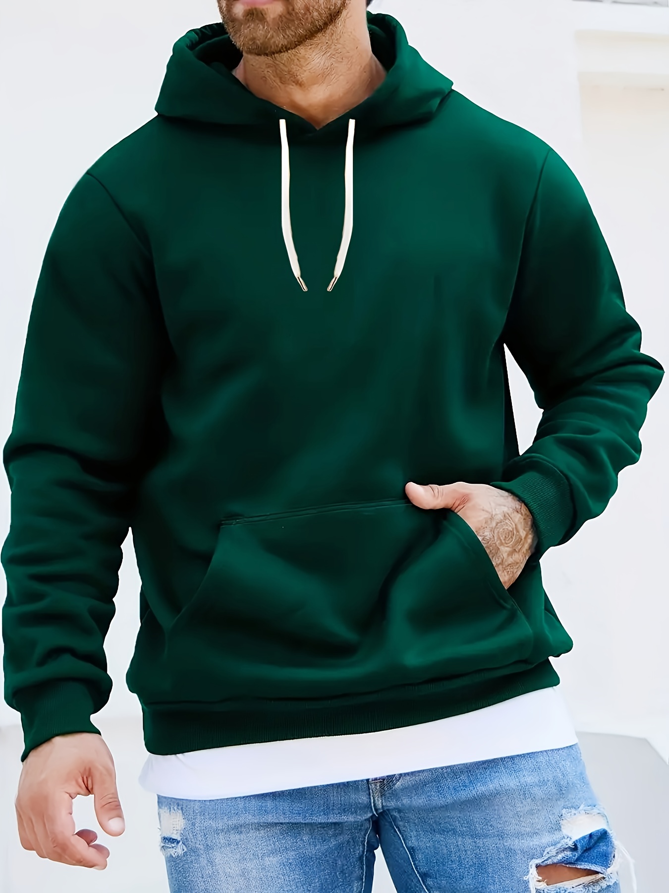 Spring Autumn Men Plush Fleece Hoodie Sweatshirts Casual Long Sleeve Zipper  Hooded Pullover Tops Slim Solid with Kangaroo Pocket