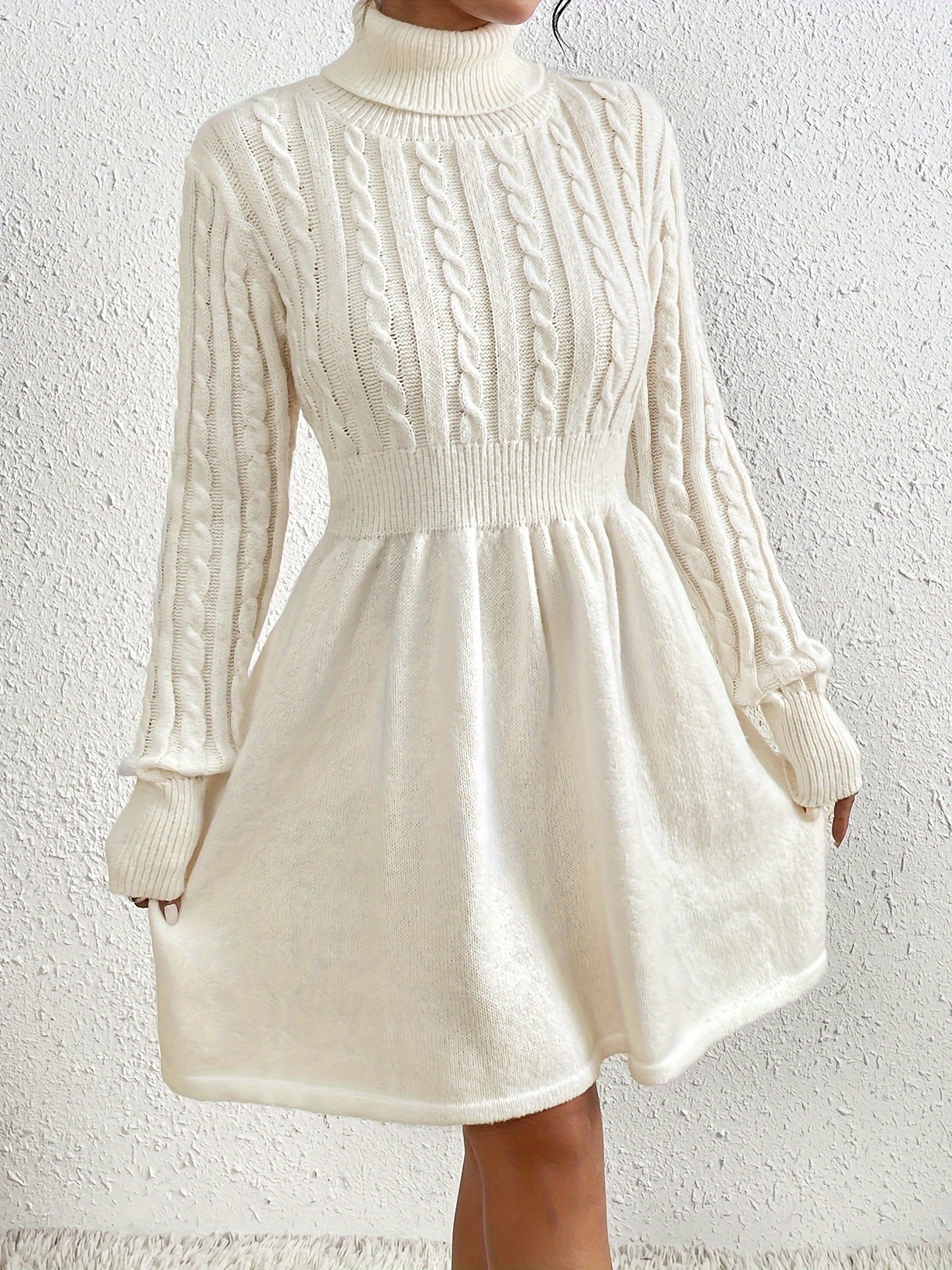 cable knit sweater dress elegant turtleneck long sleeve dress womens clothing details 3
