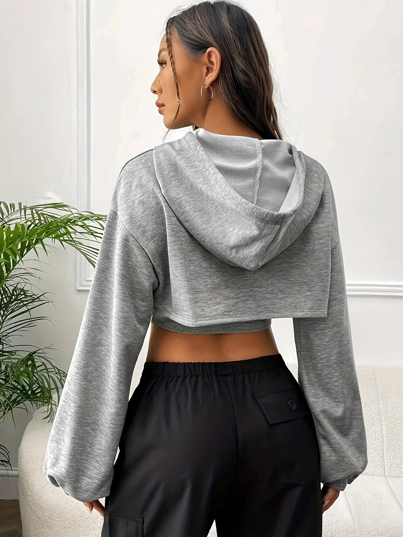 Long Sleeves Drawstring Hooded Sweatshirt Loose Fit Stretchy Temu