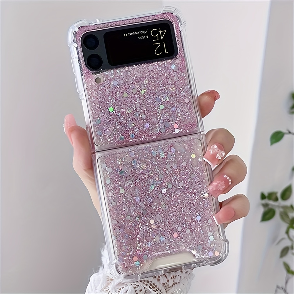 

Bling Glitter Silvery Foil Sequins Gel Phone Case For Samsung Galaxy Z Flip 2 3 4 5g Cute Stars Clear Shockproof Back Cover