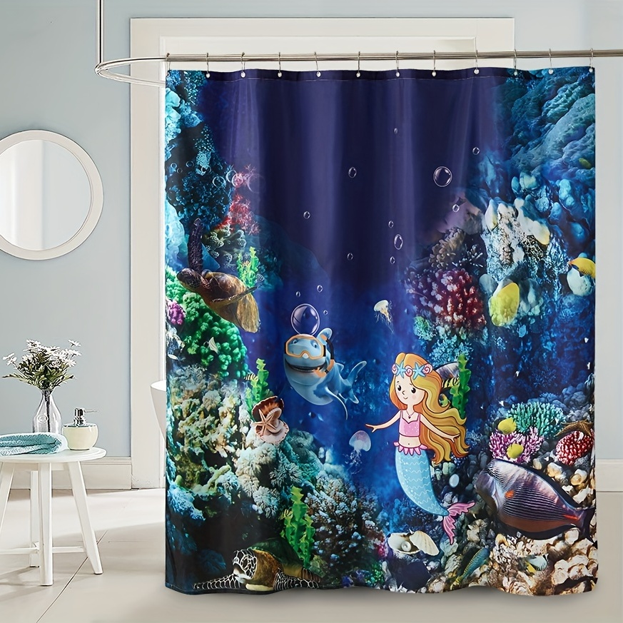 Buy 1pc Mermaid Girl Shower Curtain With 12 Hooks - Blue Deep Sea Funny Waterproof Bath Curtain Bathroom Accessories & Supplies For Windows