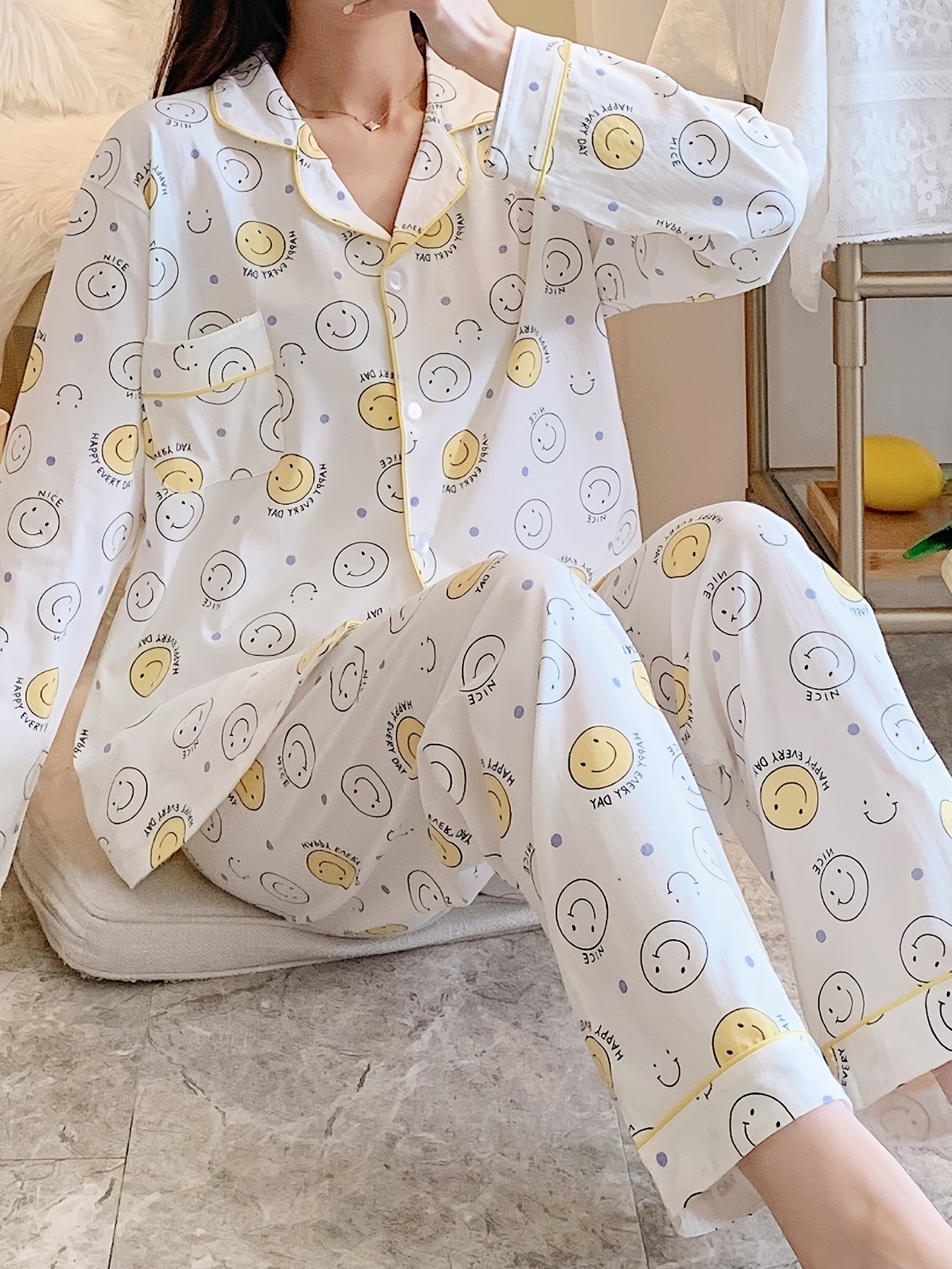 Cute Smiling Face Pattern Pajamas Sets, Collared Long Sleeve Button Up Tops  & Pants Set, Women's Loungewear & Sleepwear