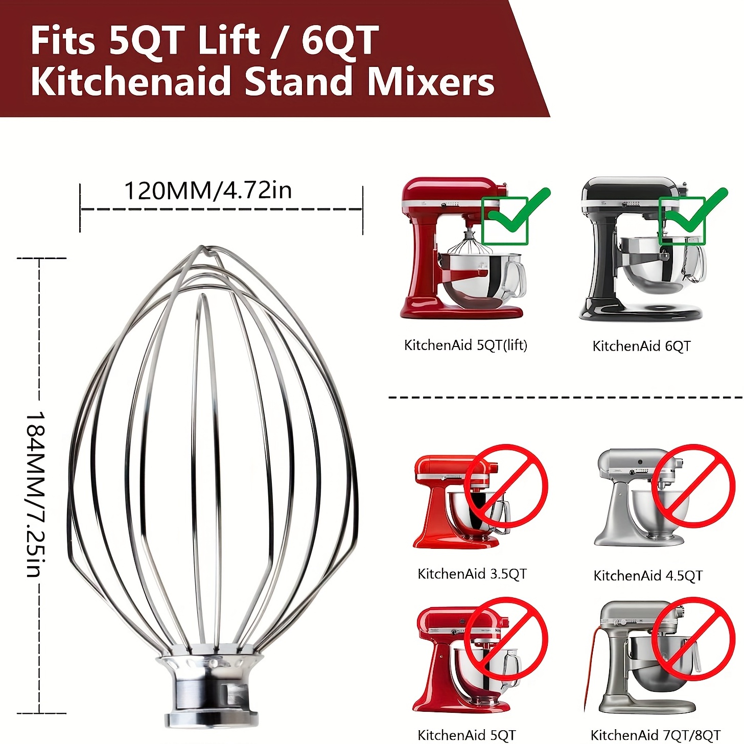 K5AWW Wire Whip Steel Wire Whisk Stainless Steel Egg Beater Mixer Mixing  Head 5QT for American