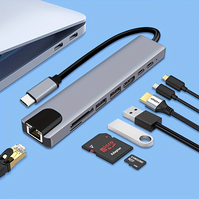 Hub USB C, adaptador multipuerto USB C 9 en 1 con Gigabit Ethernet, 100 W  PD, HDMI 4K, USB 0.0, puerto de datos USB C, lector de tarjetas SD/TF