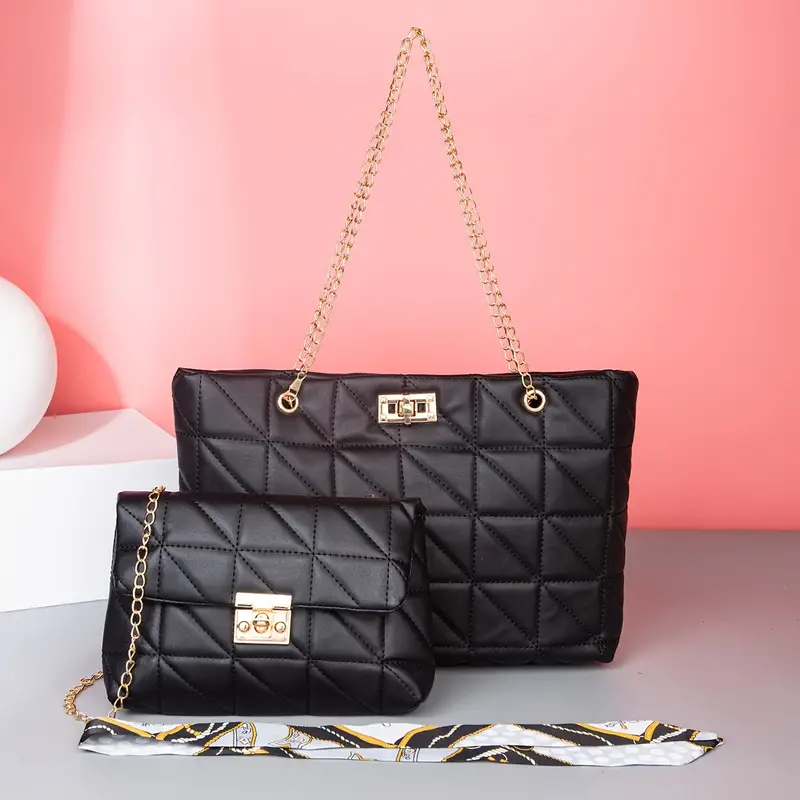 4 Pcs Quilted Detail Bag Sets, Solid Color Tote Bag, Handbag with Shoulder Chain Bag & Purse & Crossbody Bag, Classic Bags with Scarf Decor, 22.4