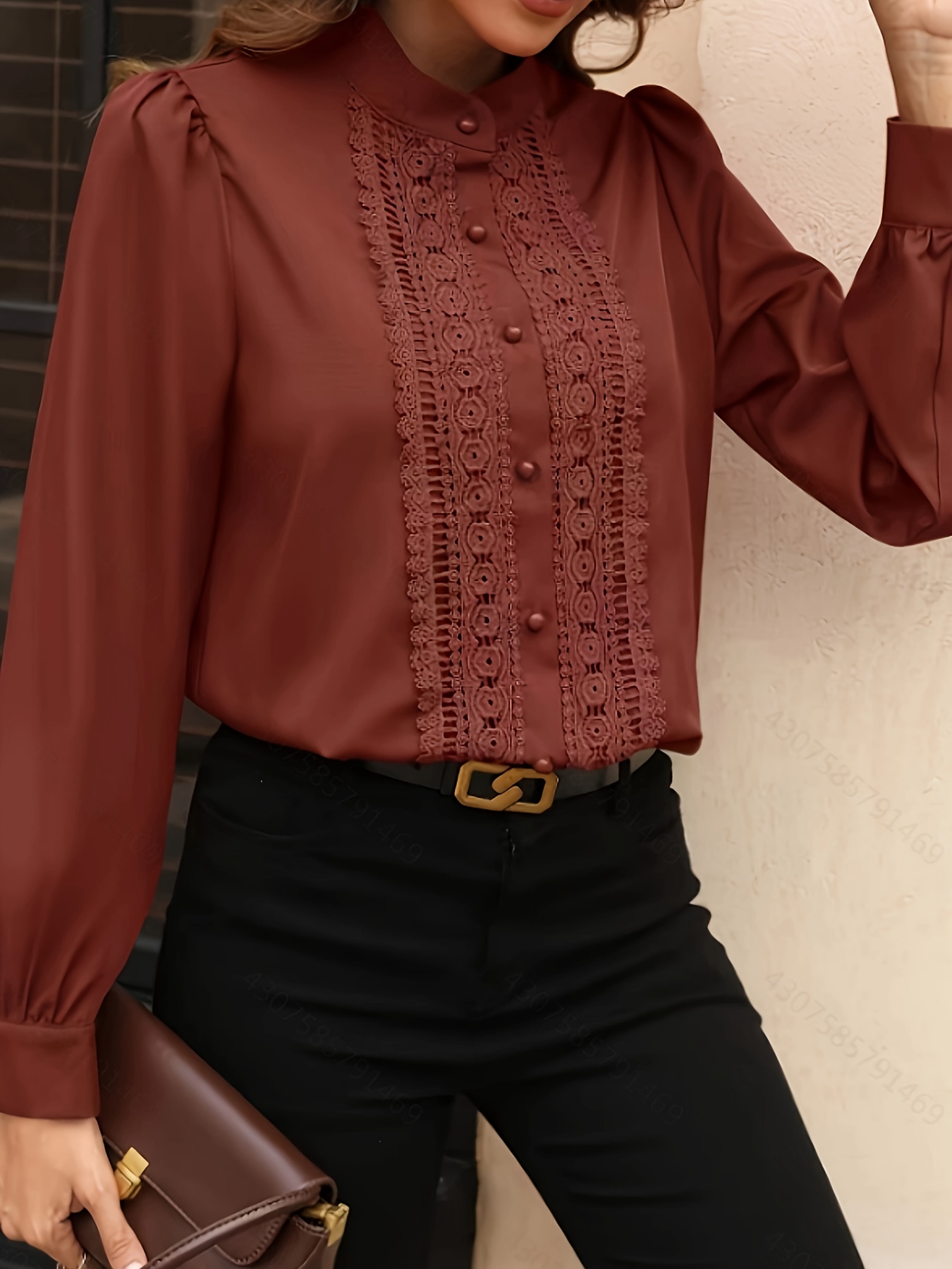 Plus Size Elegant Top, Women's Plus Solid Contrast Lace Trim Button Detail  Long Sleeve Stand Collar Shirt Top