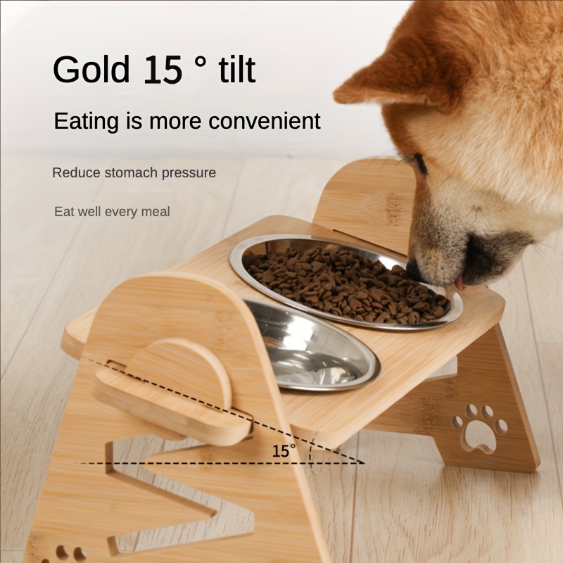 Pet Dog Bowls Elevated Heights Adjustable Bamboo Food and