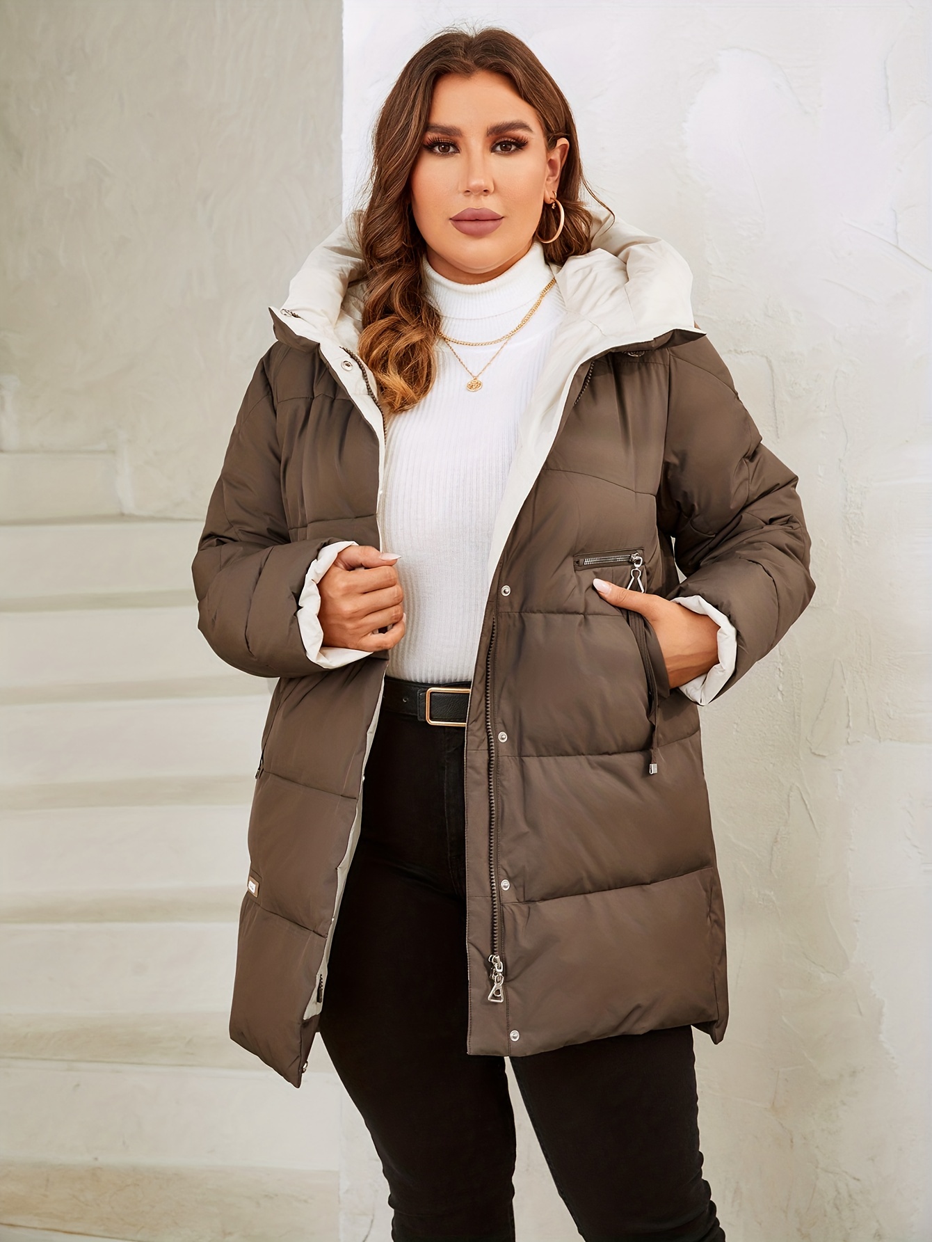 Plus Size Elegant Winter Coat Women's Plus Colorblock - Temu