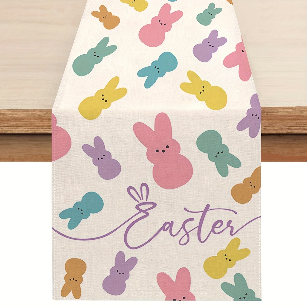 TEMU 1pc, Table Runner, Cute Bunny Doll Pattern Table Runner, Happy Easter Theme Table Runner, Seasonal Kitchen Dining Table Decoration For Indoor, Party Decor