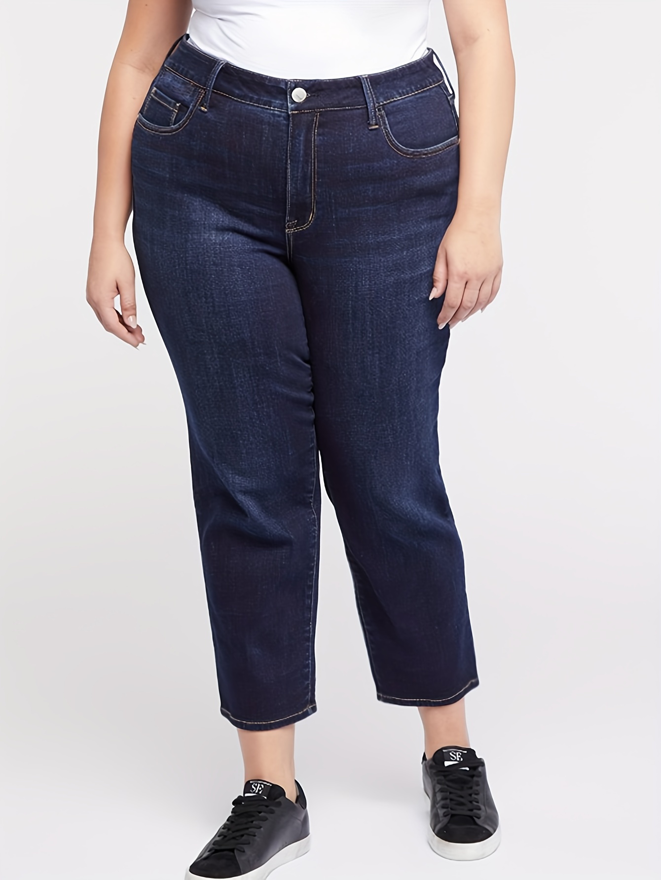 Plus Size Basic Jeans Women's Plus High Waist Straight Leg - Temu