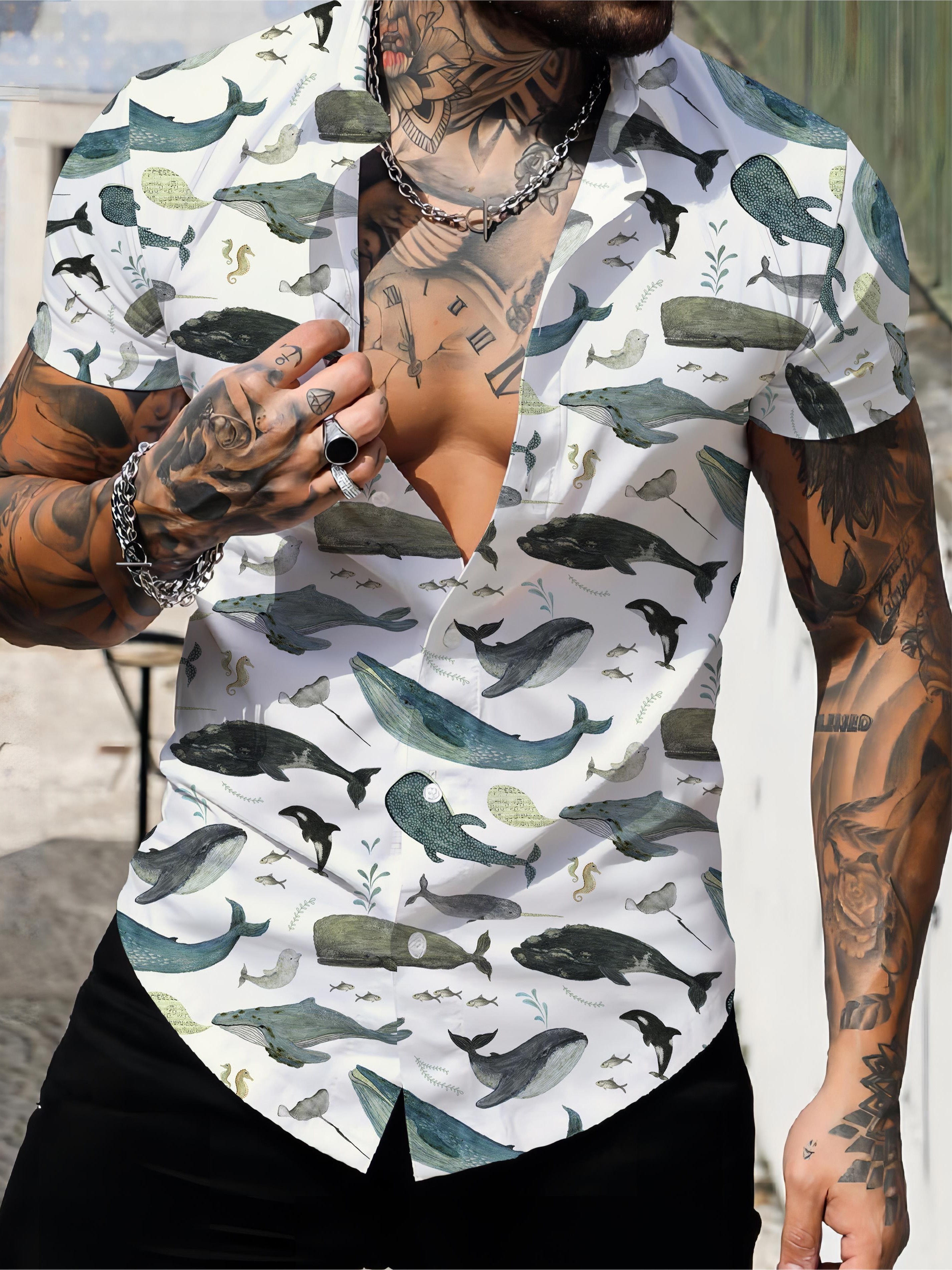 Men's Hawaiian Shirts, Fish 3D Print Fashion Short Sleeve V-neck Button Down Shirts, Men's Summer Clothes, Casual Graphic Tops, Men's Novelty