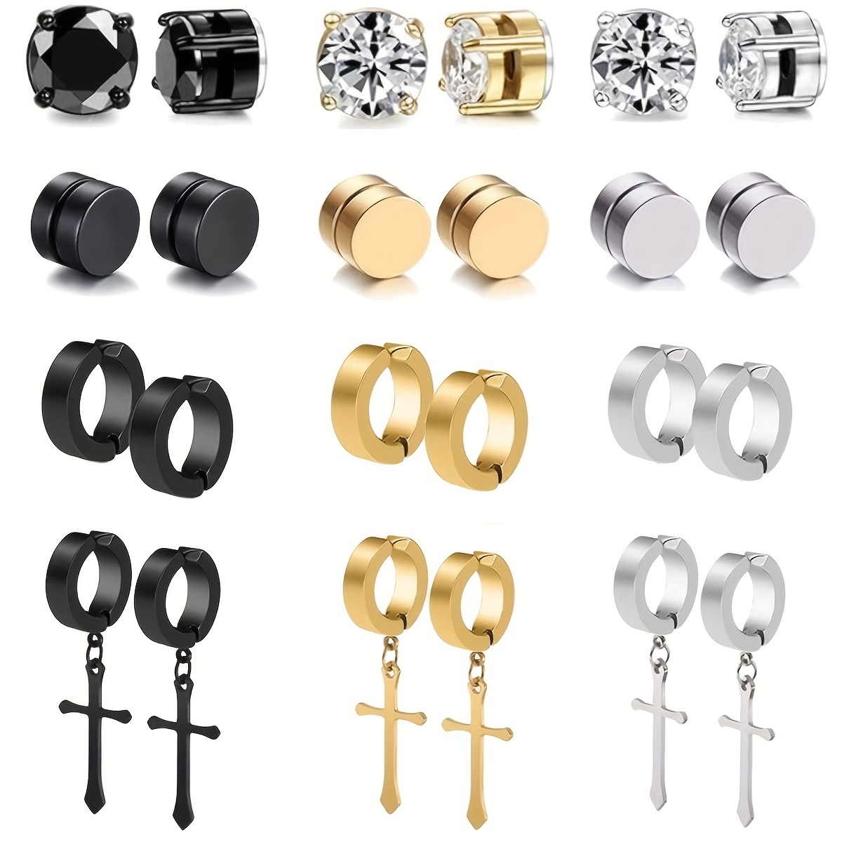 Voyzdx Pack 10 Pares Aretes Magnéticos Pendientes con Colgantes de Cruz de  Acero Inoxidable,Clips Oreja Aretes,Pendiente de Botón de CZ,Pendiente de  Aro de Cruz No Perforante para hombre y mujer : 