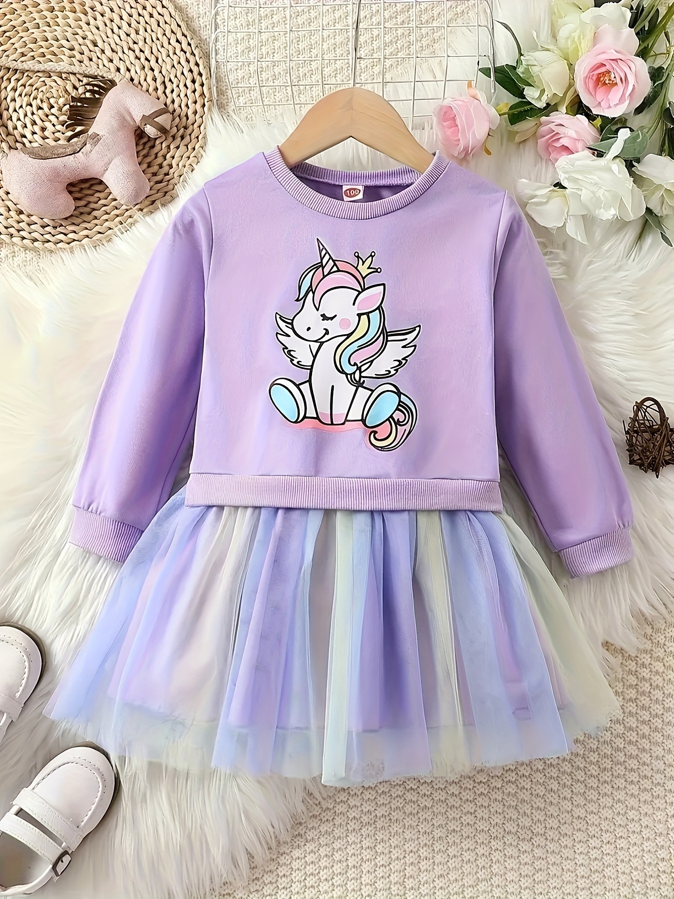 Girls' Rainbow Tutu Hem Unicorn Print Long Sleeve Sweatshirt - Temu