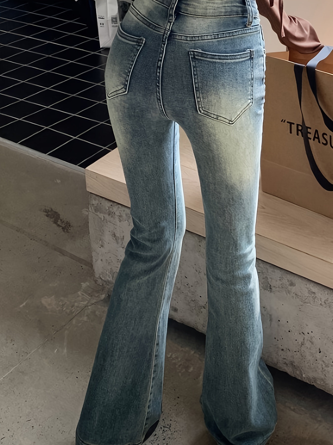 Plain Washed Retro Flare Jeans Slim Fit High Stretch Slant - Temu  Philippines