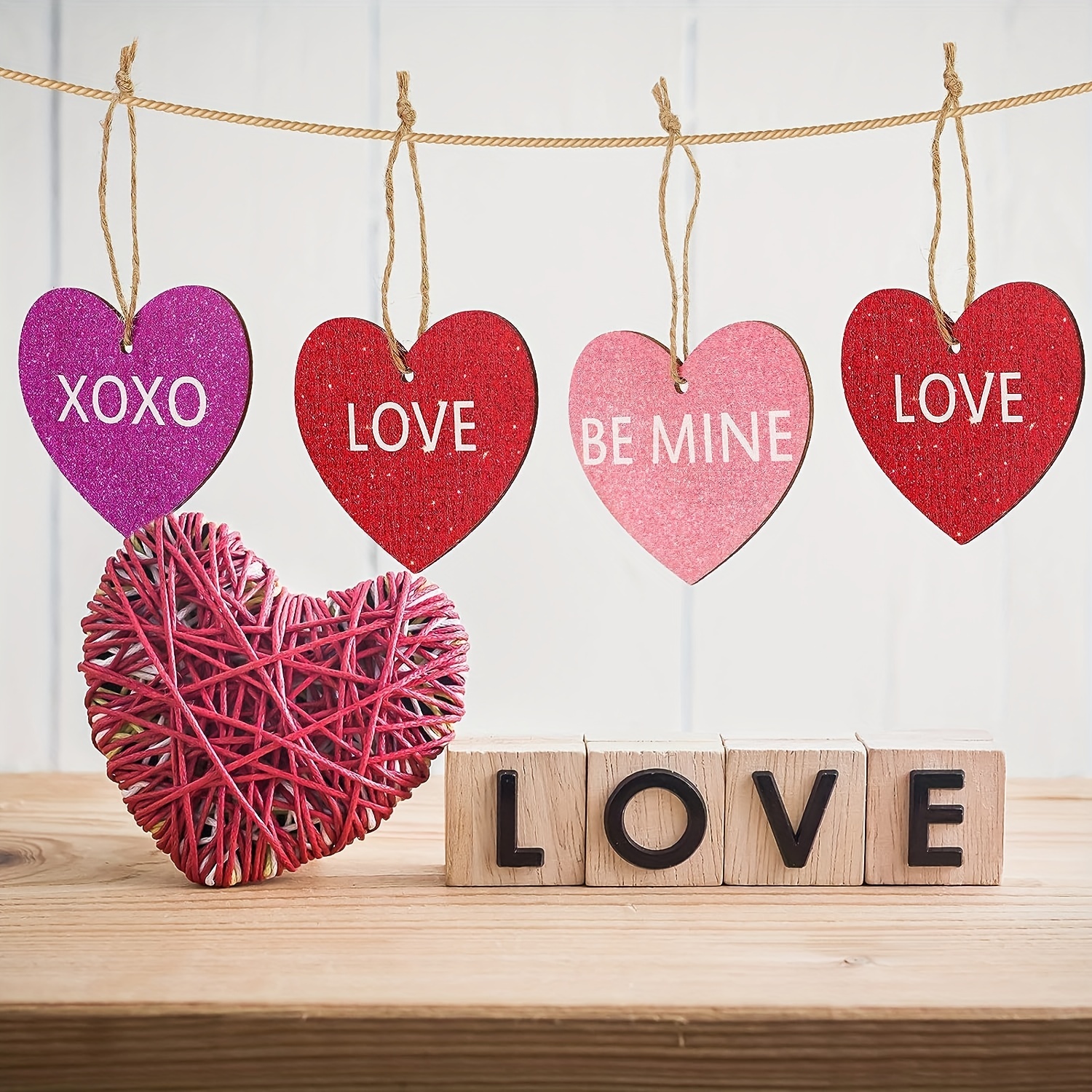 24 Pieces Valentine's Day Wood Heart Shaped Ornaments Wooden Heart Embellishments Wooden Heart Shaped Signs Hanging Heart Tags for Gifts Wedding