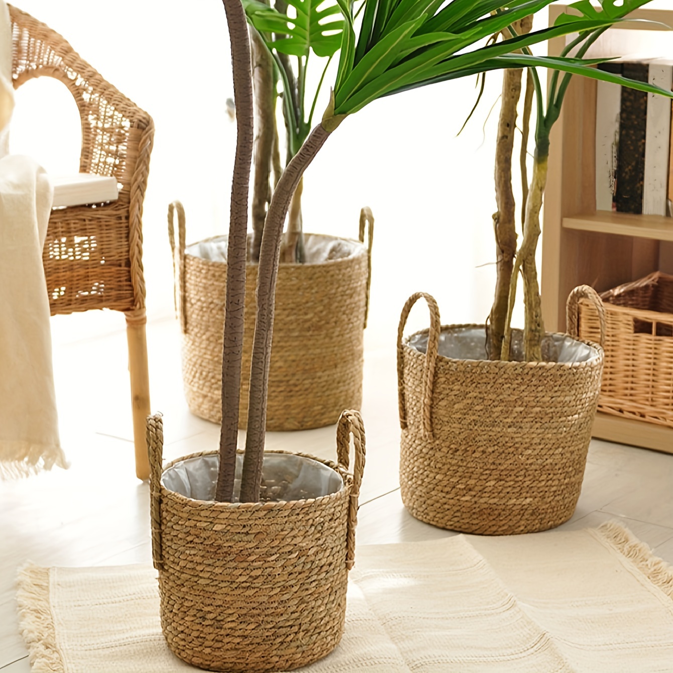 Macetas decorativas de paja y Ratán, cestas de flores tejidas, muebles para  el hogar, estilo Pastoral