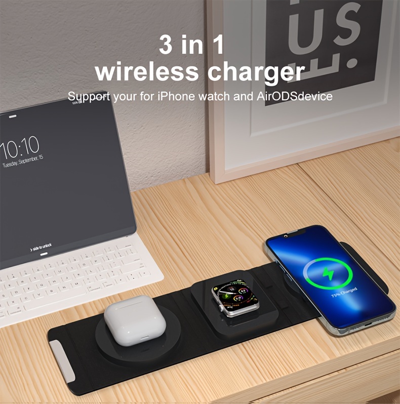 Chargeur Induction, Station de Charge Portable Pliable 3-en-1, Chargeur  sans Fil Rapide Compatible avec iPhone 15 Pro/14/13/12/11/XR/XS/8  Plus,Apple