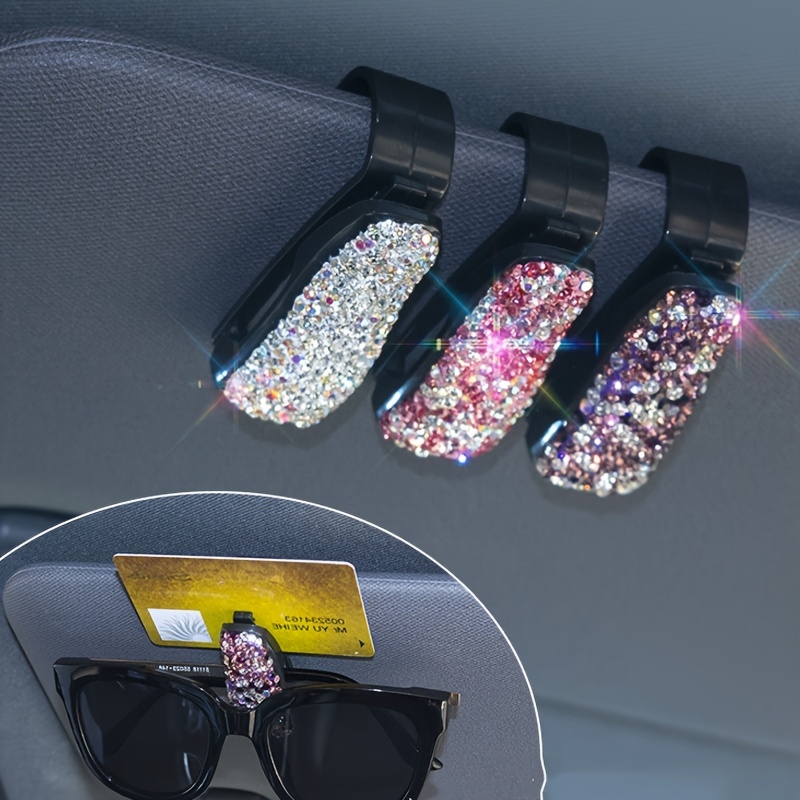 Soporte para gafas de sol para parasol de coche, paquete de 2 soportes para  gafas, soporte para gafas para coche con diamantes de imitación brillantes,  clip para tarjeta de entrada de cristal