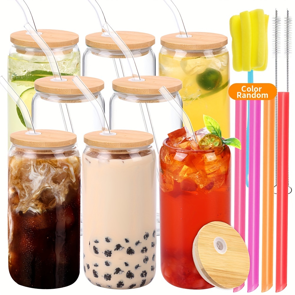 VEELU Glass Cups With Lids and Glass Straws - Home