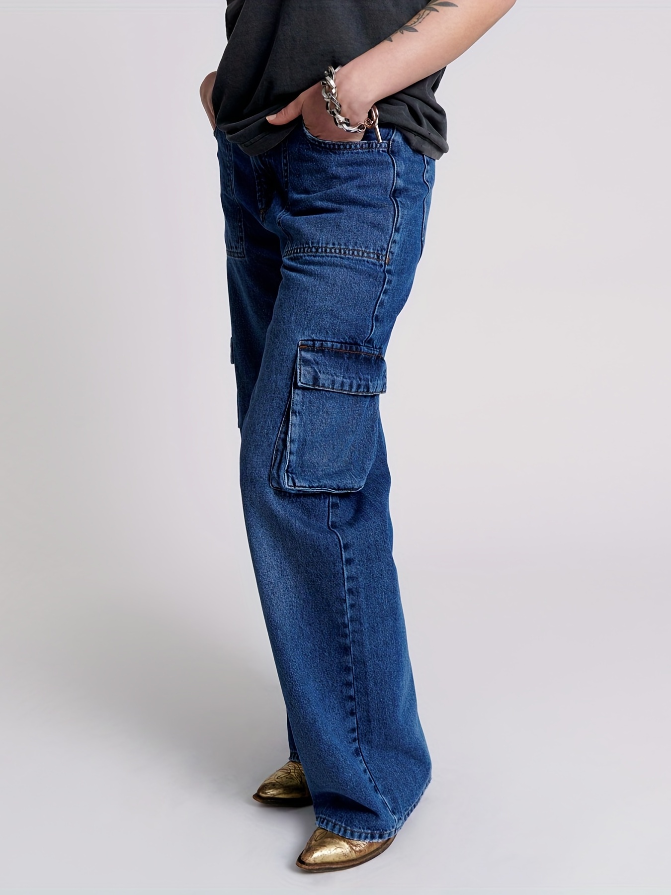 Blue Flap Pockets Cargo Pants Loose Fit Non stretch Y2k Kpop - Temu