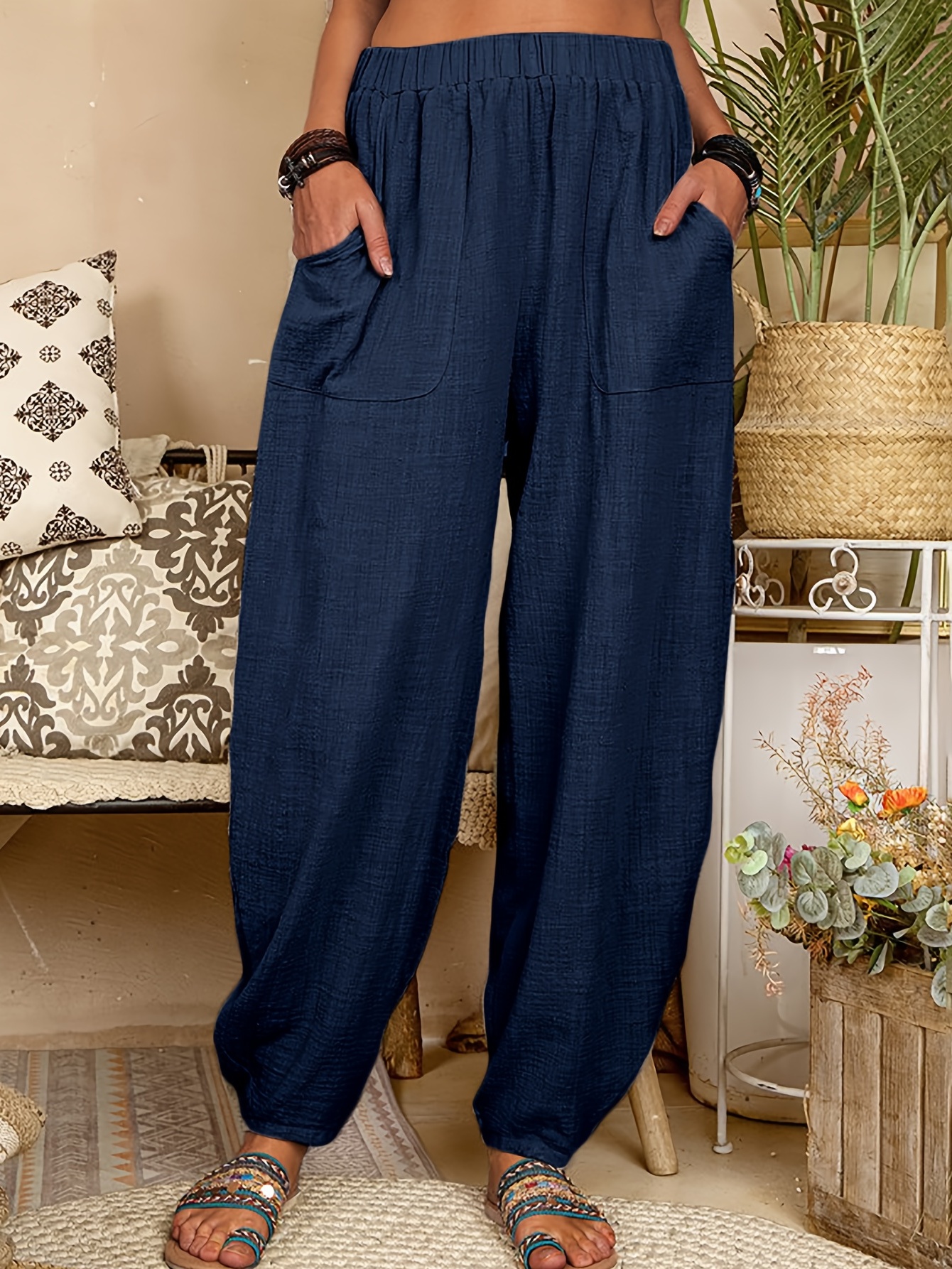 Pantalones Anchos Texturizados Sólidos, Elegantes Pantalones Con Cintura  Fruncida Y Bolsillos Para Primavera Y Otoño, Ropa De Mujer