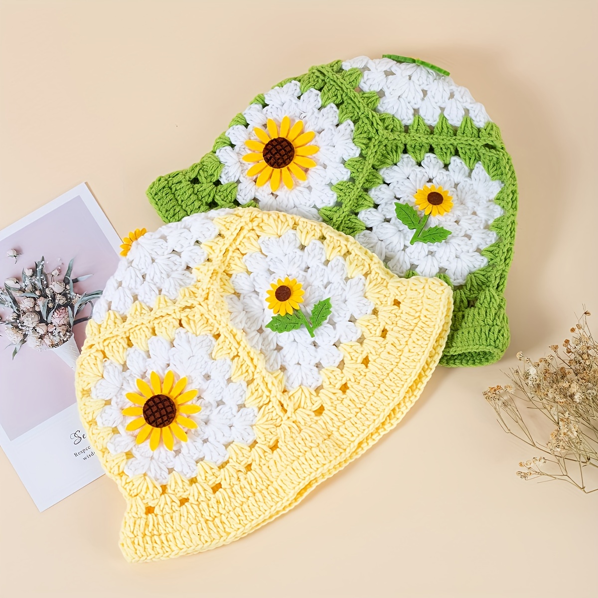 Boho Crochet Bucket Hat Vintage Color Block Basin Hats Classic Flower Knitted Fisherman for Women Girls,Temu