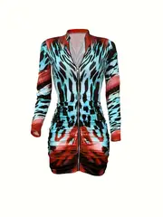 leopard print zip up dress party club wear long sleeve bodycon dress womens clothing details 2