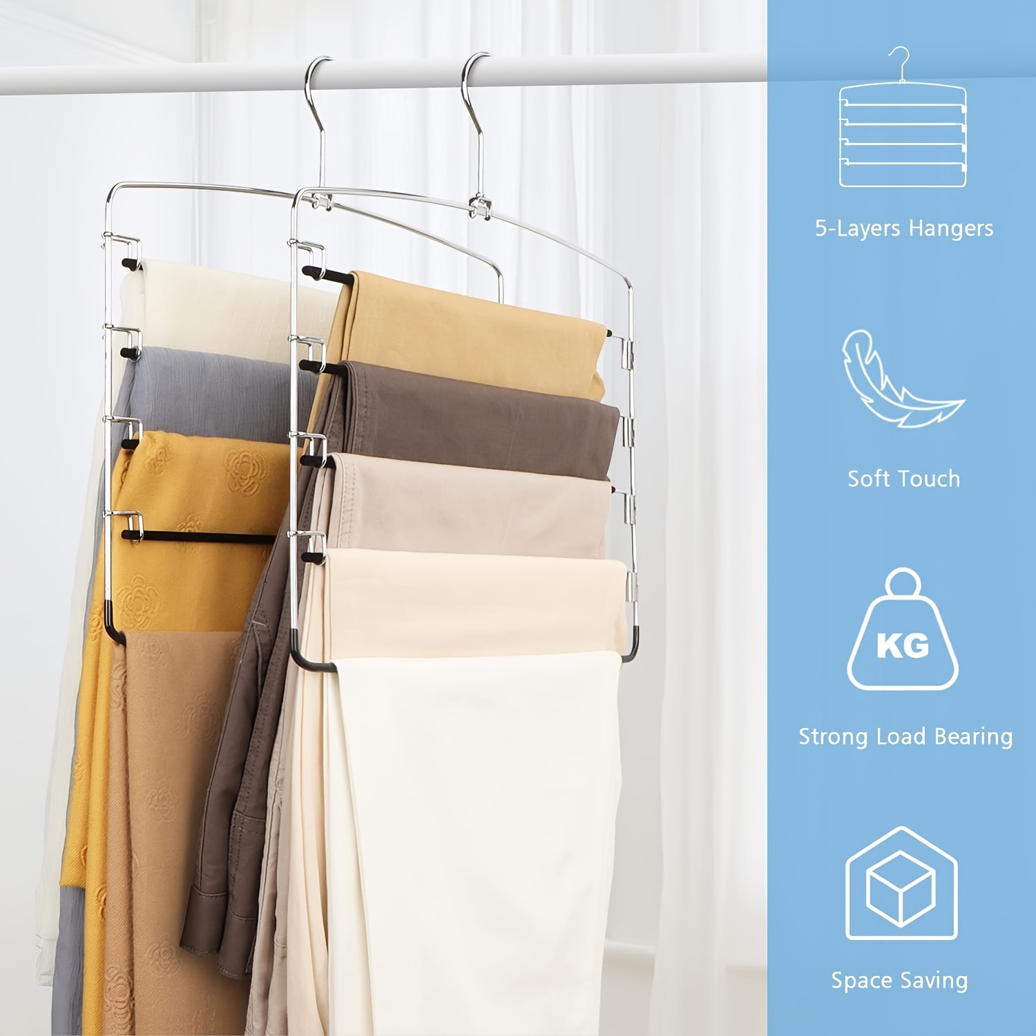 Stainless Steel Clothes Hangers, 5Layers, Space Saving Pants Rack,Non Slip  PP Closet Organizer with Hooks for Trousers and Scarf