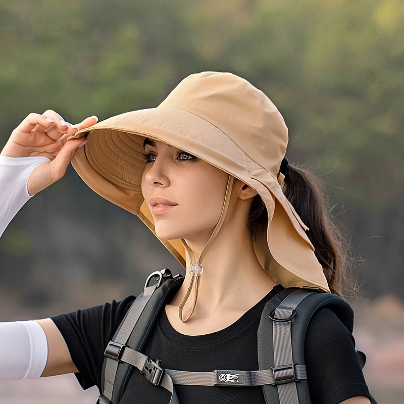 Wide Brim Sun Hat for Women UV Protection Hiking Fishing Hat Foldable  Ponytail Summer Bucket Caps with Face & Neck Flap-Navy Blue 