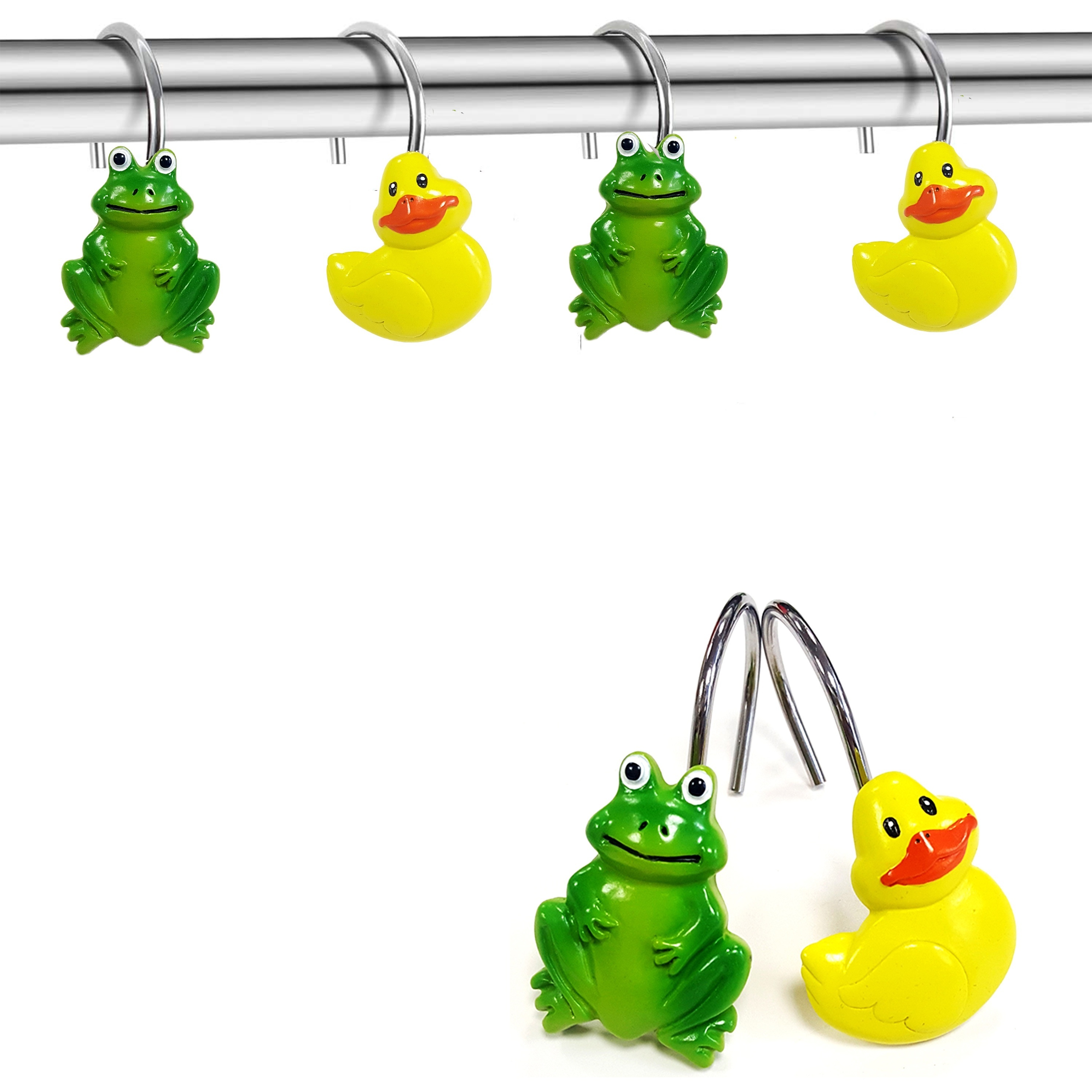 12pcs Frog And Yellow Duck Design Shower Curtain Hooks, Animal Style Resin  Bathroom Hooks, Rust Proof Ring Shower Curtain Hooks