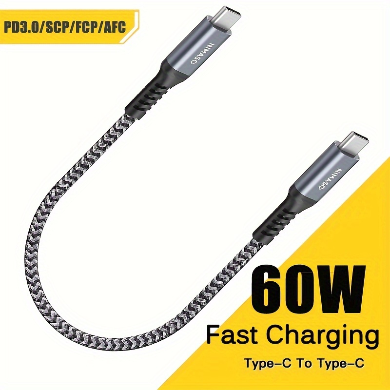 

30cm/100cm 60w Fast Charging Cable Type-c To C Pd Fast Charging Data Cable; Usb2.0, 5v/3a Black And Gray Interval Braided High-swinging Style, Aluminum Shell Od4.0mm Length 1m, Both Ends Engraved