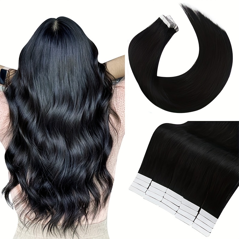 

Tape In Hair Extensions Black Human Hair Per Package 20pcs Straight Tape Hair Extensions Human Hair (18-26 Inch, Black)
