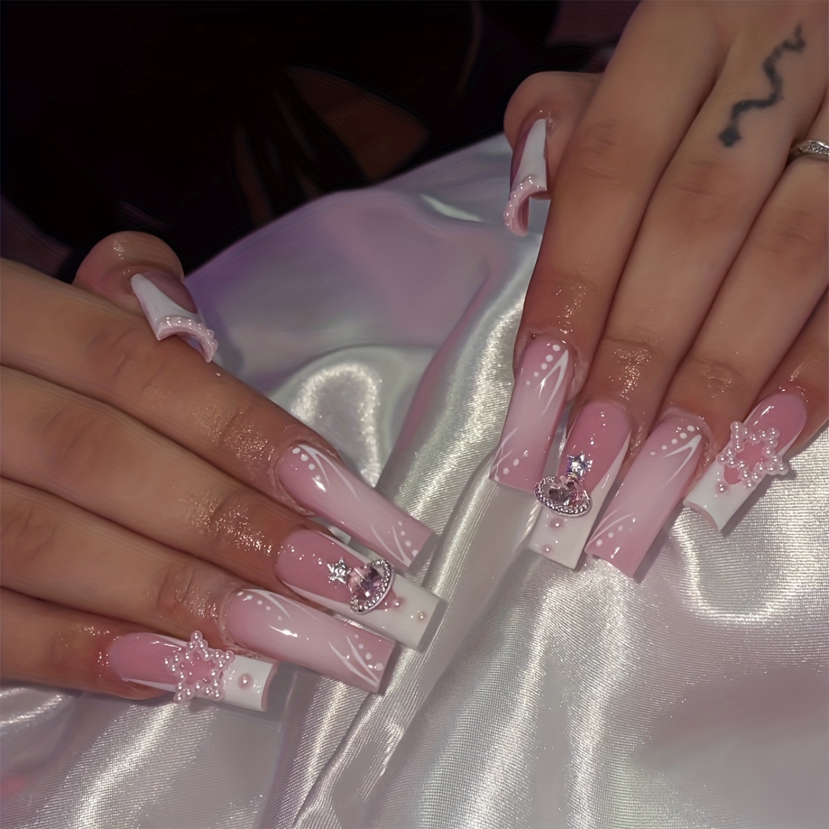 Glossy Pink Long Square Nails White French Tip Press - Temu