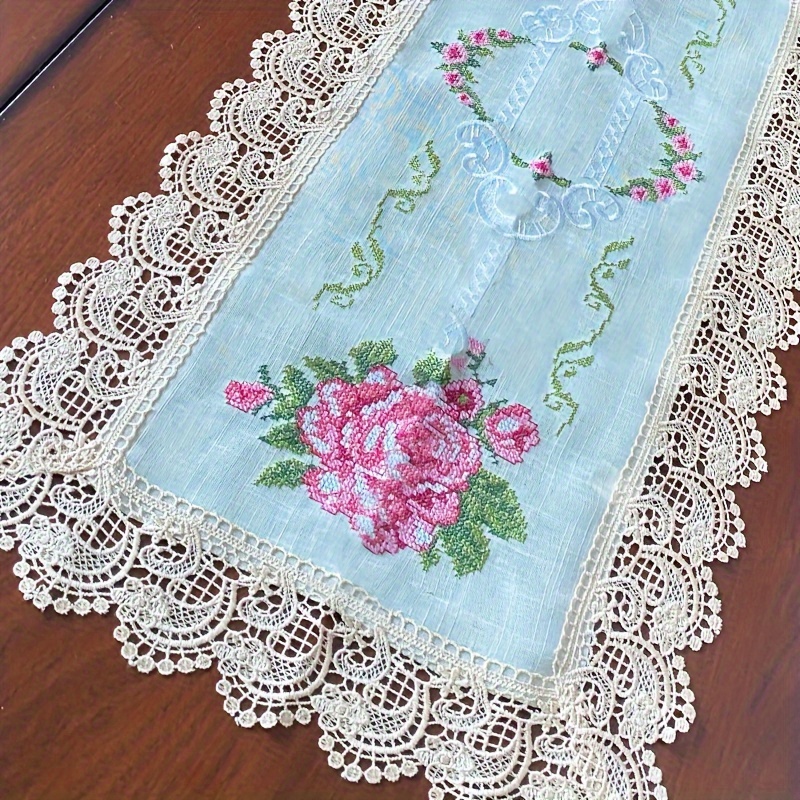 1pc, Polyester Table Runner, Exquisite Cross-stitch Embroidery Craft Table Cover, Holiday Desktop Decoration Soluble Lace Table Runner, Home Decoration, Dining Table Decor, Room Decor, Wedding Decor
