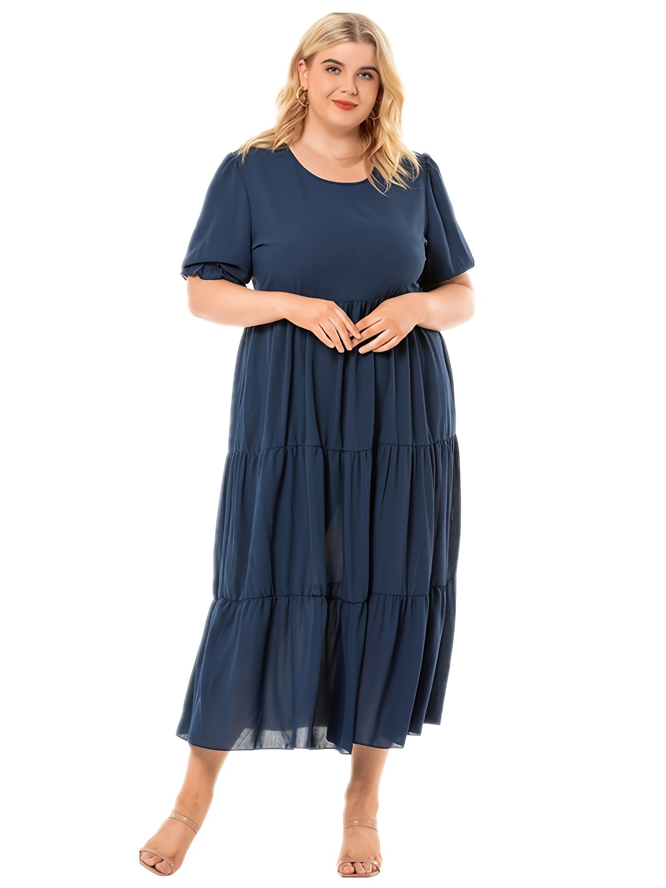 Plus Size Solid Color Layered Pleated Cami Dress, Women's Plus Elegant  Short Sleeve Long Dress