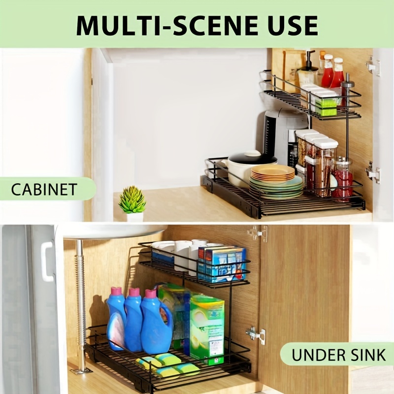 2 Pack Under Sink Organizer Storage Pull Out Cabinet Organizer 2-Tier Slide  Out Sliding Shelf Multi-Use Narrow Space Under Sink Organizers and Storage