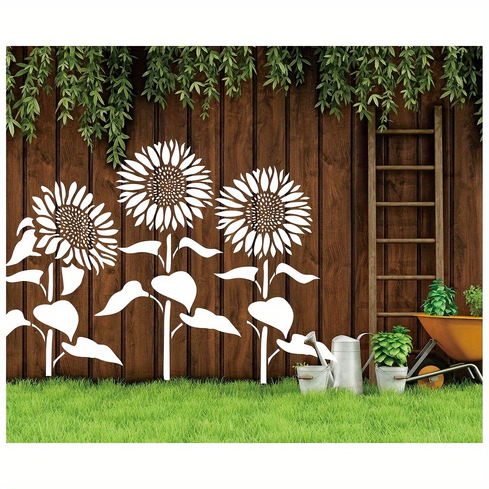 5 große sonnenblumen-vorlagen mit stiel- und blattvorlagen. 1 stück ist etwa 35,6×35,6 cm groß, 2 stücke sind etwa 30,5×35,6 cm groß, 1 stück ist etwa 30,5×30,5 cm groß und 1 stück ist etwa 20,3×30,5 cm groß. insgesamt fünf vorlagen für große sonnenblumen für wand,  - und blumenmalerei sowie für die dekoration von hausgärten.   für garten , wand- und möbelmalerei