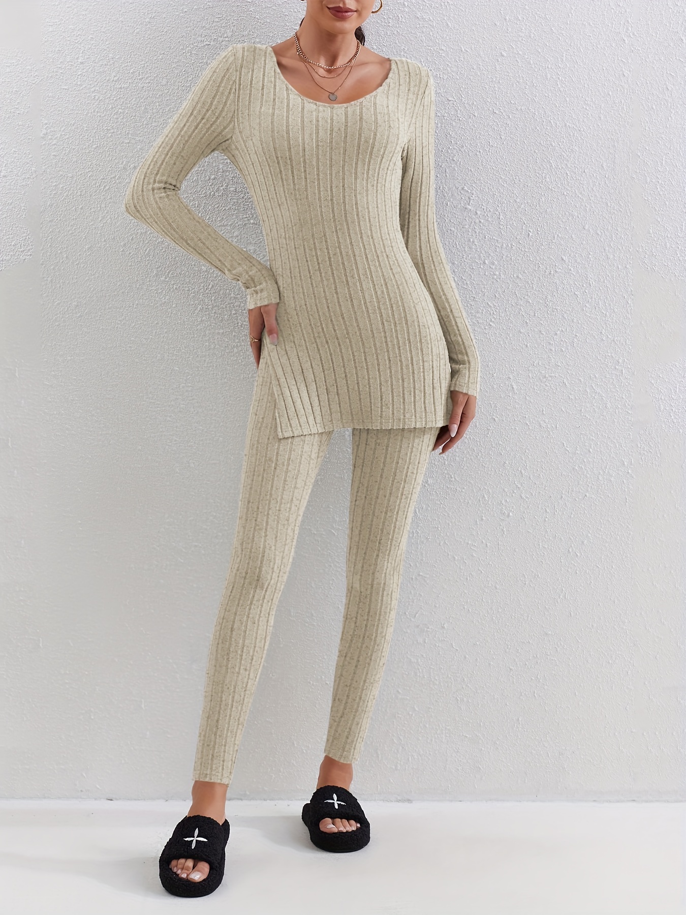 Ribbed Two piece Set Long Sleeve Side Split Top & Pants Outfits