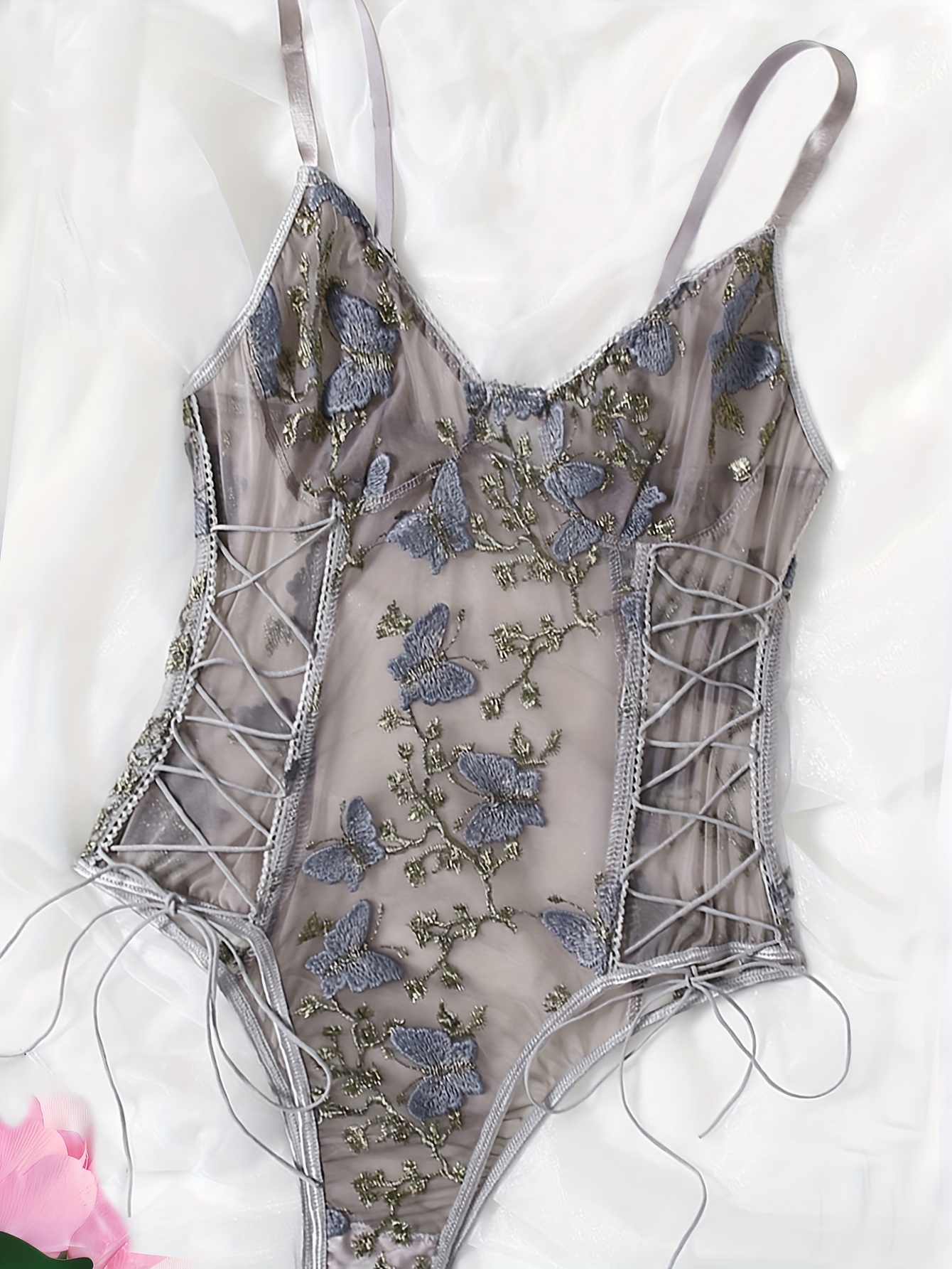 Floral Embroidery Strappy Teddy Deep V Backless Thong Mesh - Temu