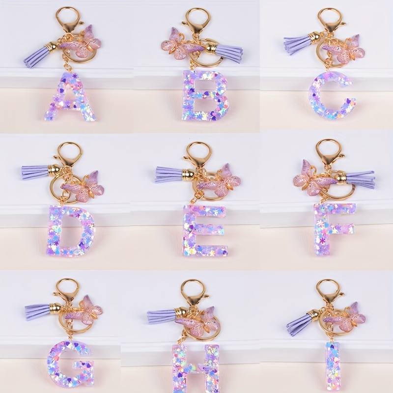 

Purple 26 Letter Sequin Keychain, Butterfly Tassel Pendant Keyring, Bag Backpack Charm Car Hanging Pendant Earbud Case Cover Accessories Women Daily Use Gift