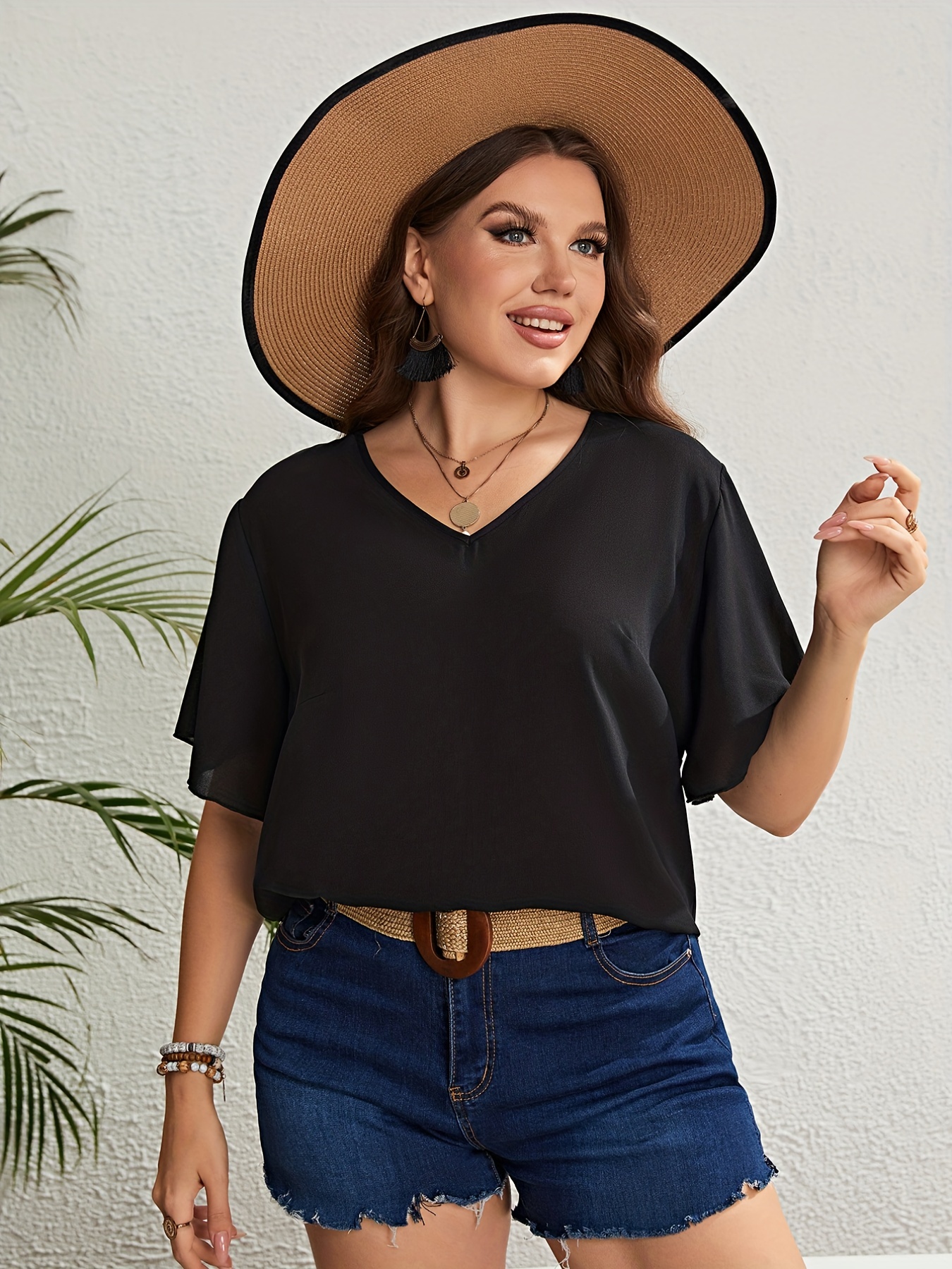 Plus Size Casual T shirt Women's Plus Solid Flutter Sleeve V - Temu Canada