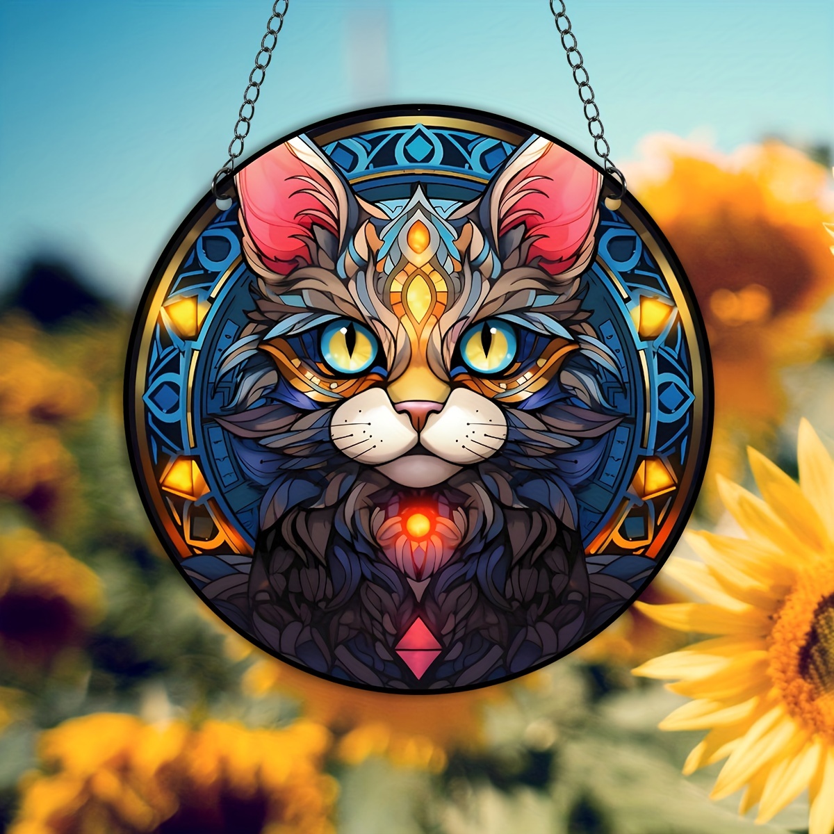 1 Pièce Pendentif Décoratif Chat Mandala, Ornement Suspendu Rond