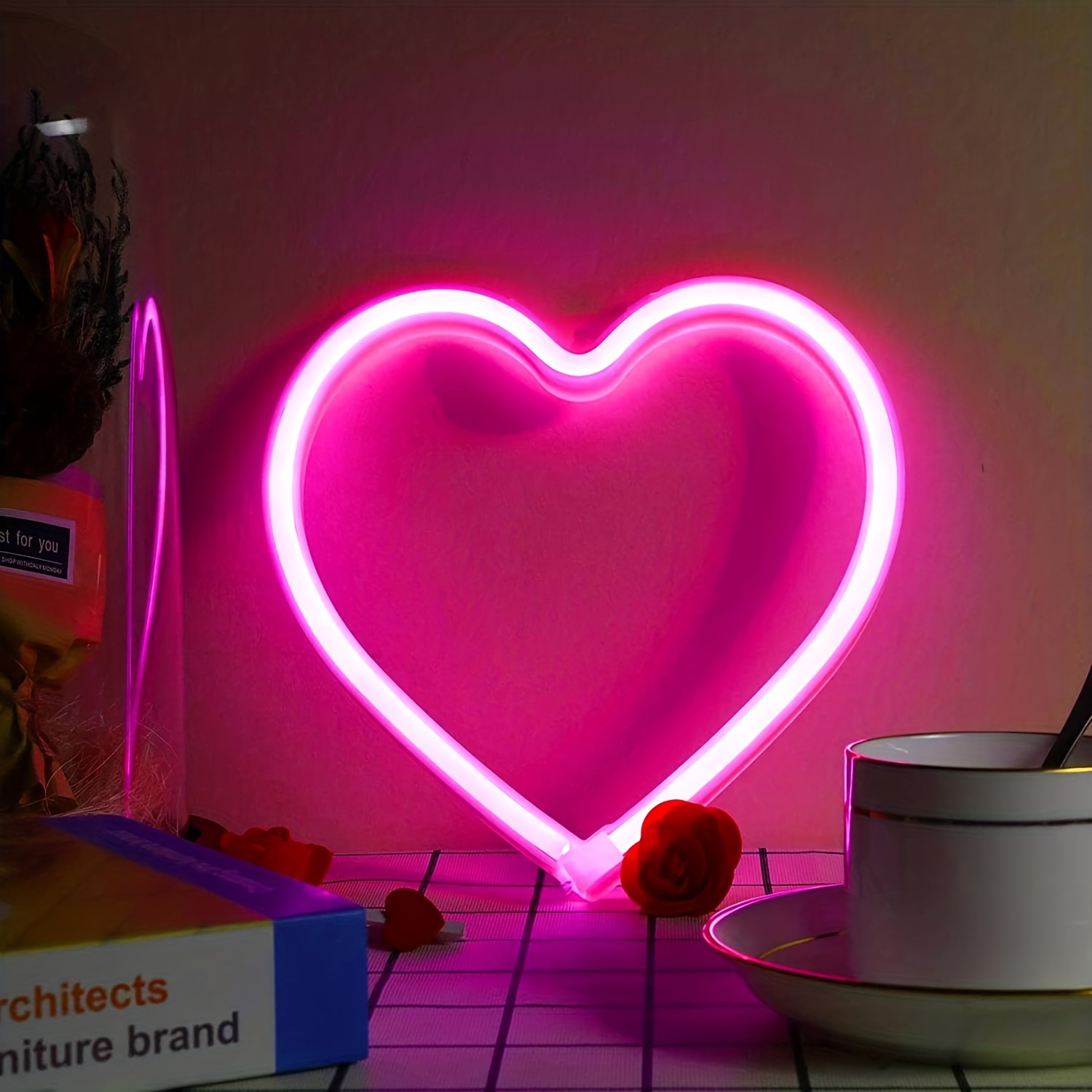 1pc Cuore Neon Segno Luce, Cuore Fuso Neon Luce Specchio Segno, Decorazione  Da Parete, Camera Da Letto, Stanza Delle Ragazze, LED Cuore Rosa Neon