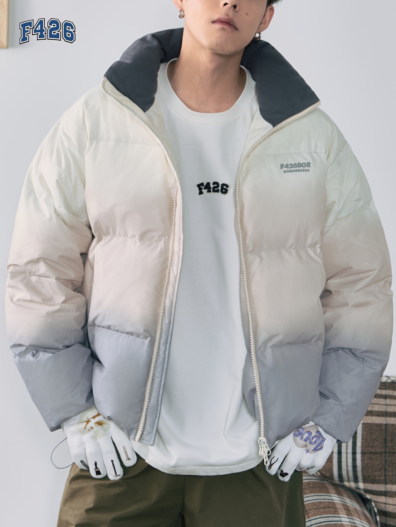 f426 duck down coat mens gradient warm loose fit zip up puffer jacket for fall winter outdoor activities