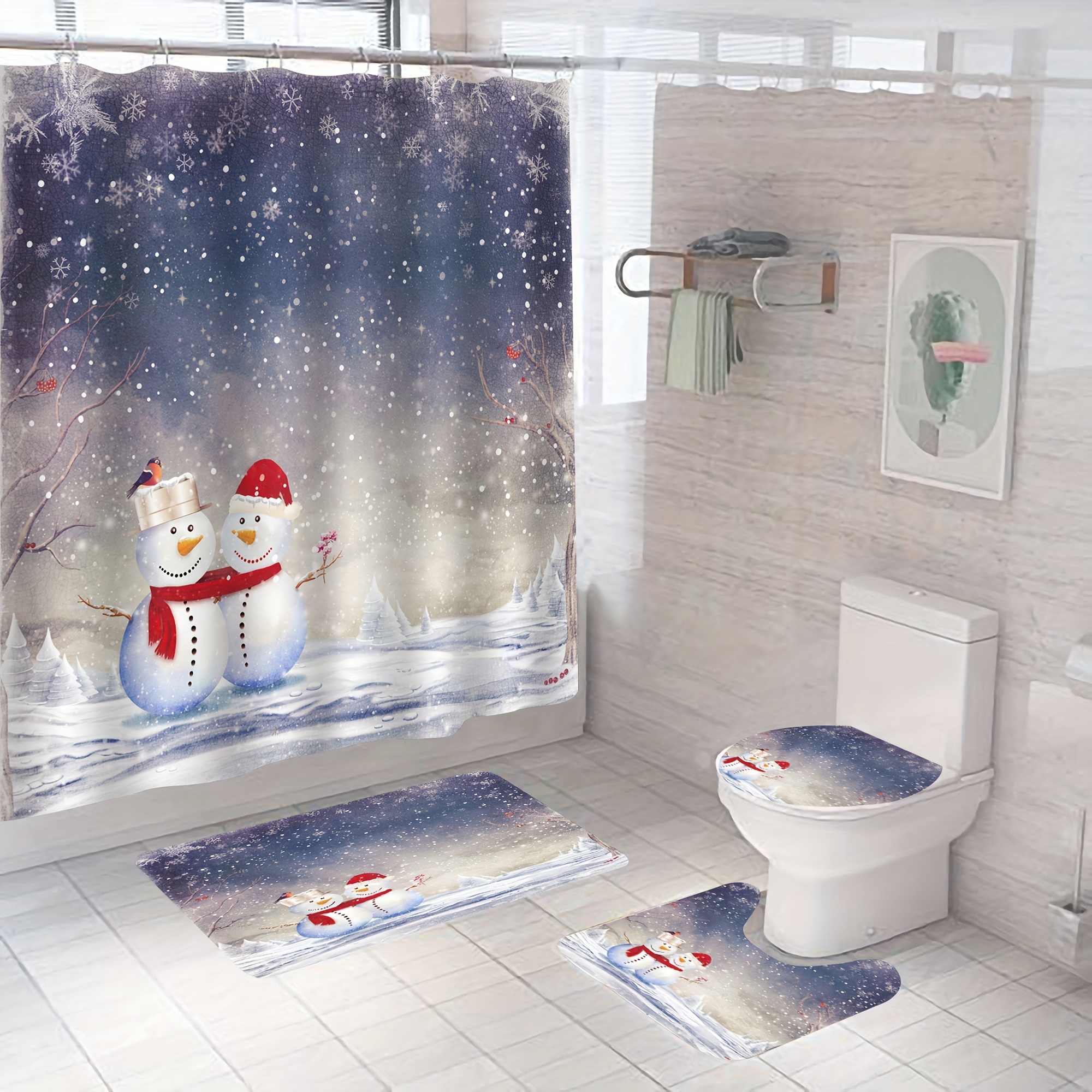 Purple Snowman Shower Curtain Set Decorative Bathroom - Temu